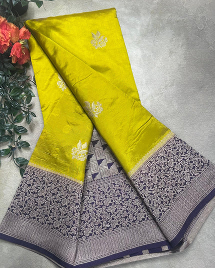 Neon yellow small border semi silk crepe saree (RIA106)