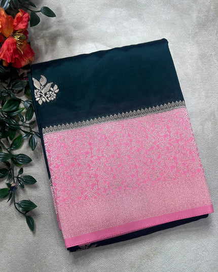 Bottle green small border semi silk crepe saree (RIA106)