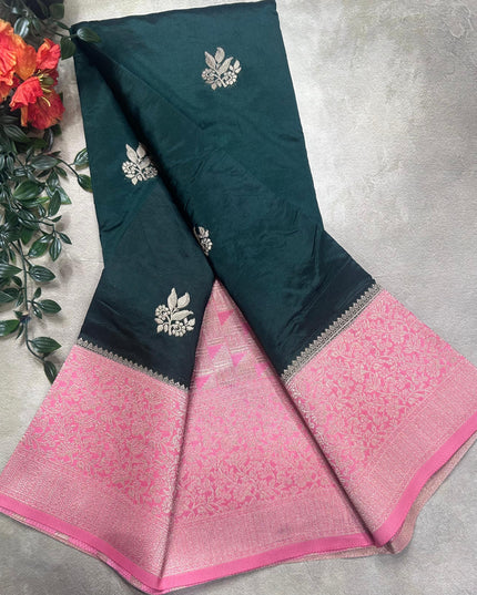 Bottle green small border semi silk crepe saree (RIA106)