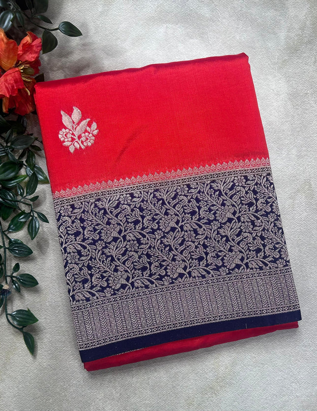 Red small border semi silk crepe saree (RIA106)