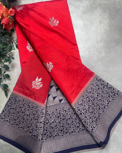 Red small border semi silk crepe saree (RIA106)