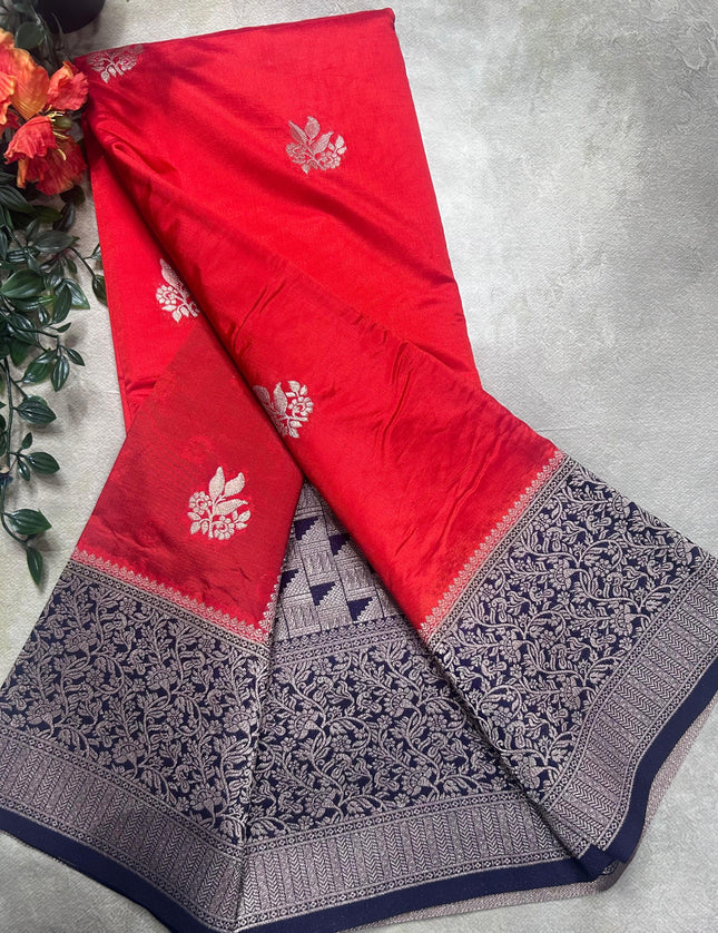 Red small border semi silk crepe saree (RIA106)