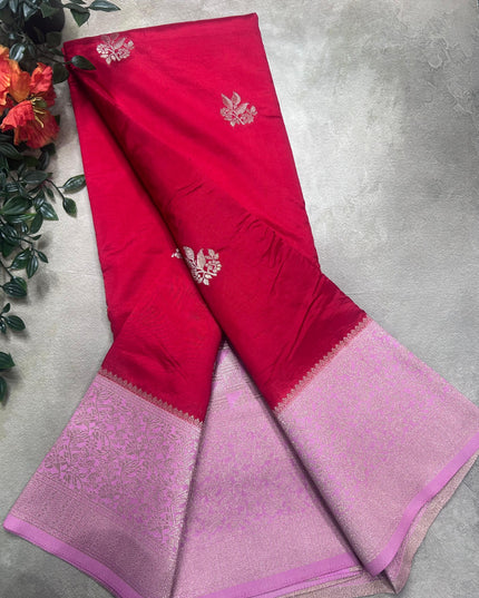 Rani pink small border semi silk crepe saree (RIA106)