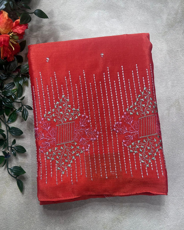 Orange contrast embroidery semi georgette saree(RIA106)