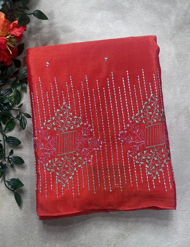 Orange contrast embroidery semi georgette saree(RIA106)