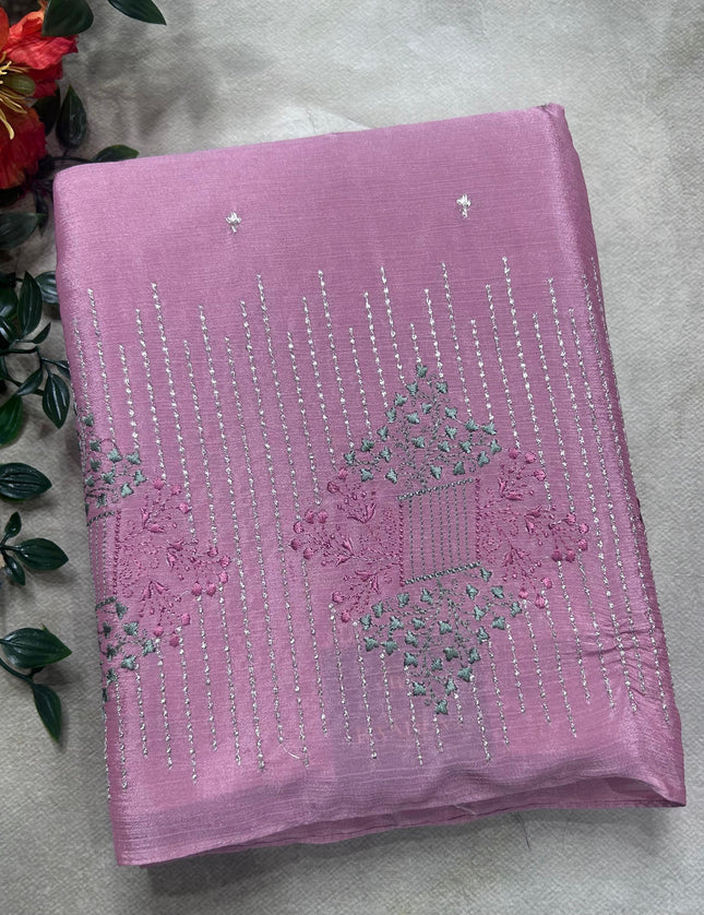 Pastel pink contrast embroidery semi georgette saree(RIA106)