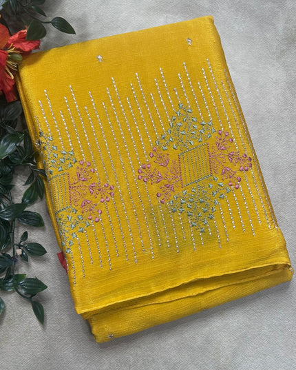 Yellow contrast embroidery semi georgette saree(RIA106)