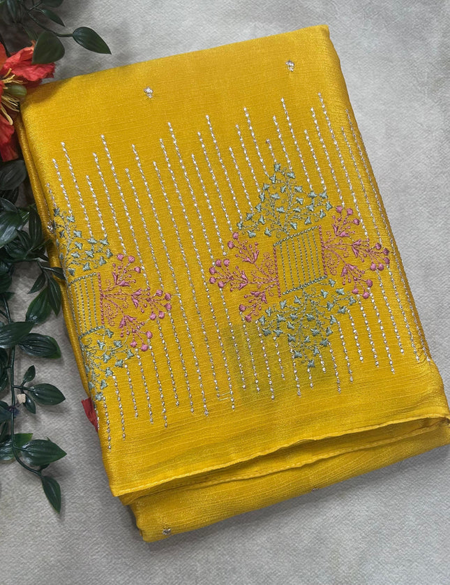 Yellow contrast embroidery semi georgette saree(RIA106)