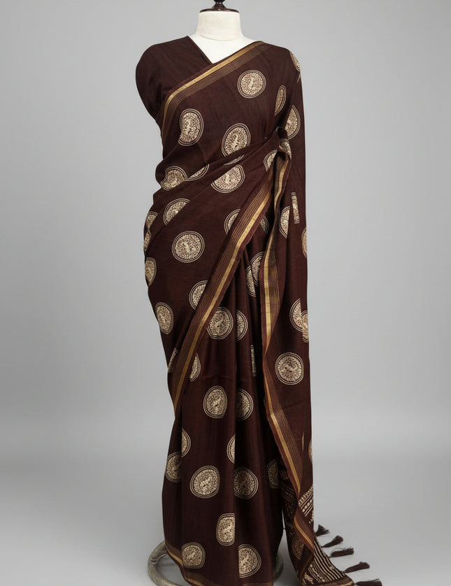 Brown Traditional Design Semi Tussar 106 Saree