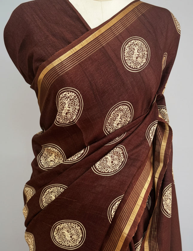 Brown Traditional Design Semi Tussar 106 Saree