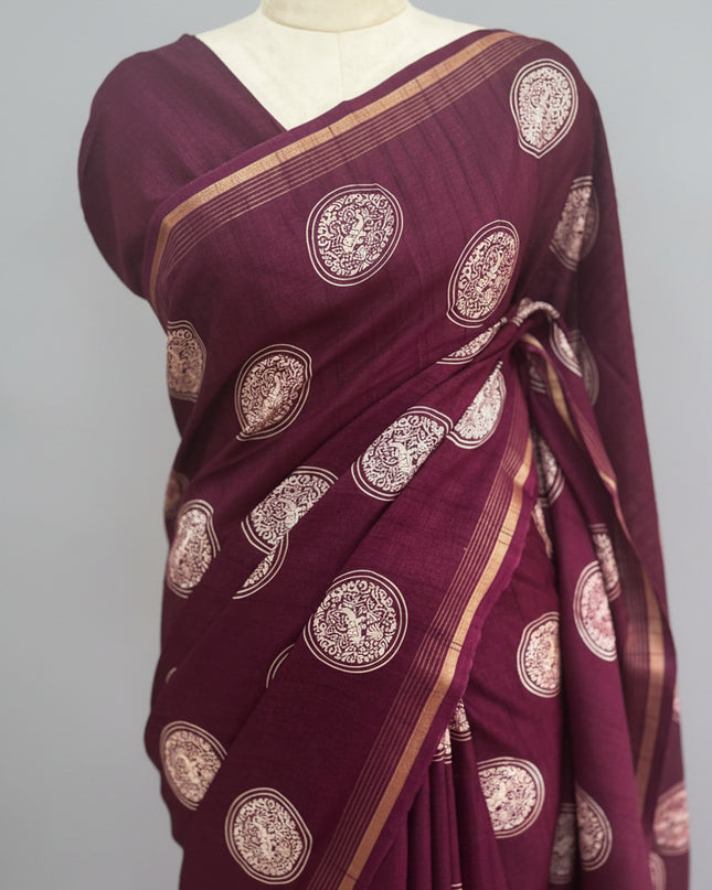 Magenta Traditional Design Semi Tussar 106 Saree