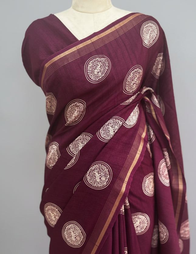 Magenta Traditional Design Semi Tussar 106 Saree