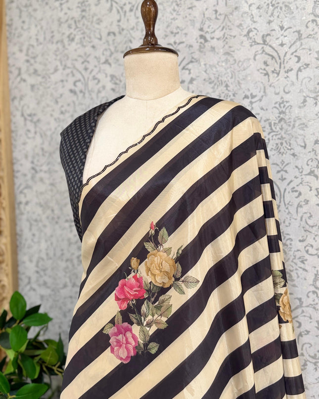 Cream n Black Digital Print Satin Party Wear Saree 107