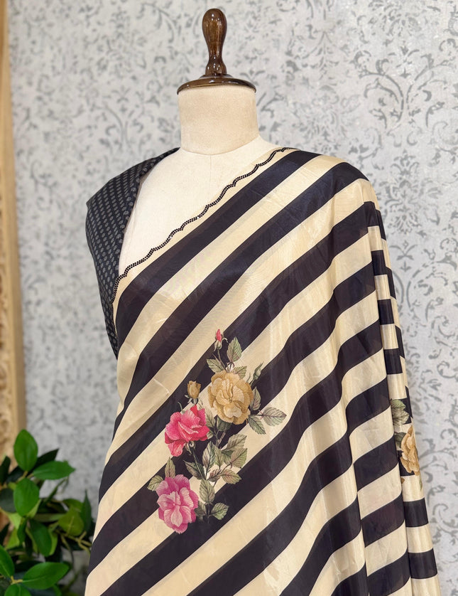 Cream n Black Digital Print Satin Party Wear Saree 107