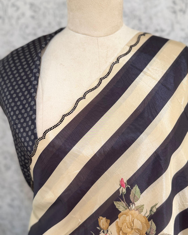 Cream n Black Digital Print Satin Party Wear Saree 107