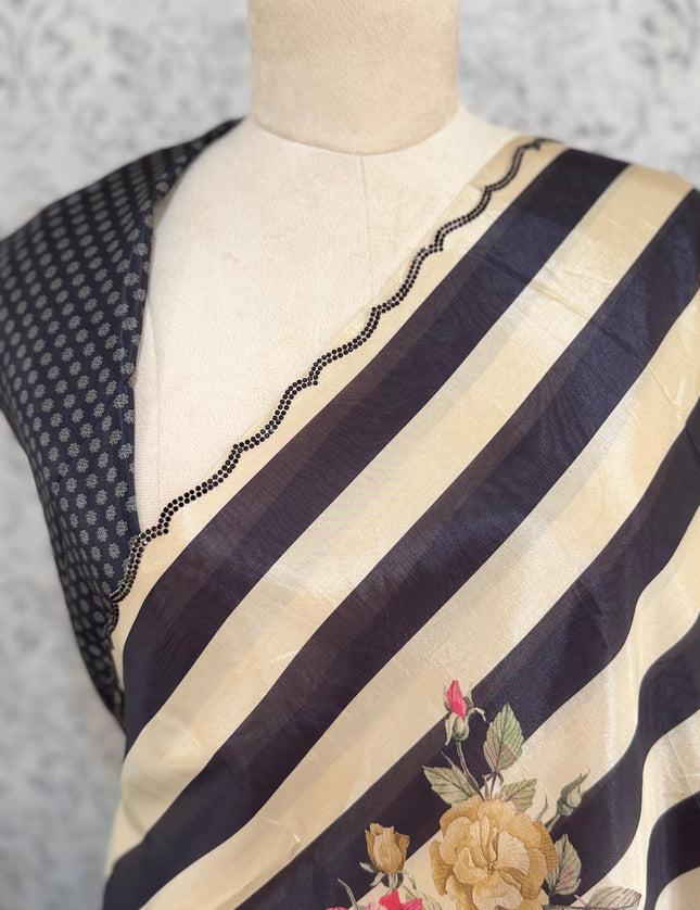 Cream n Black Digital Print Satin Party Wear Saree 107