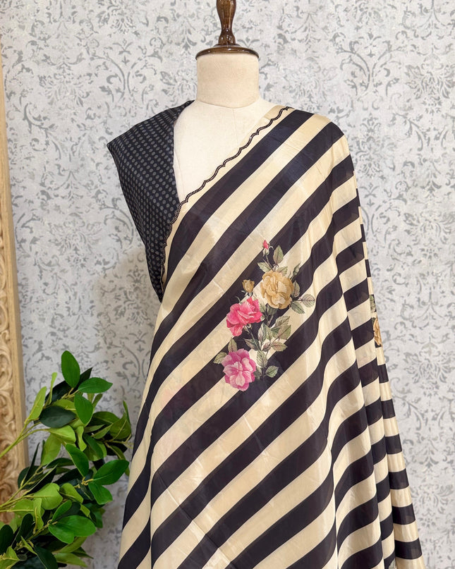 Cream n Black Digital Print Satin Party Wear Saree 107