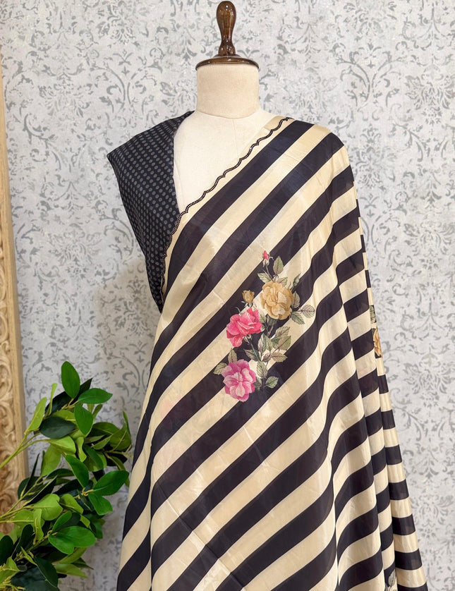 Cream n Black Digital Print Satin Party Wear Saree 107