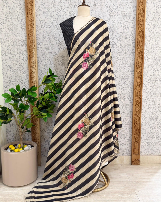 Cream n Black Digital Print Satin Party Wear Saree 107