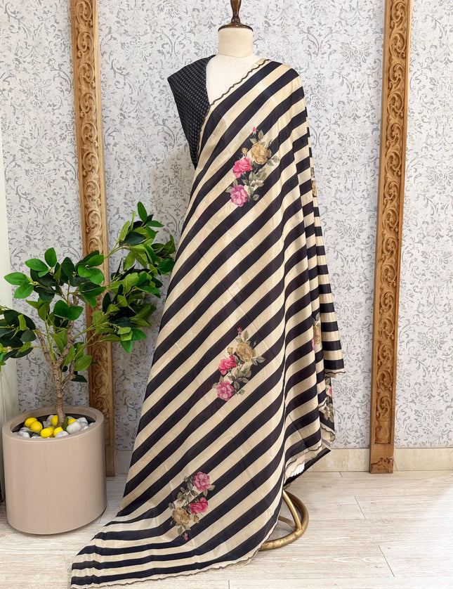 Cream n Black Digital Print Satin Party Wear Saree 107