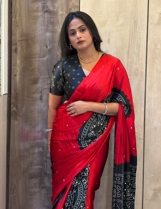 Red n Black Satin Party Wear 108 Saree (Madhu)