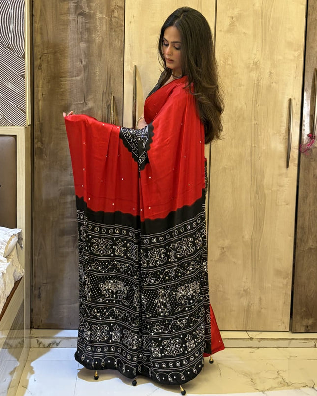 Red n Black Satin Party Wear 108 Saree (Madhu)