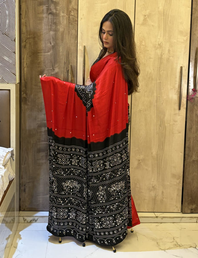 Red n Black Satin Party Wear 108 Saree (Madhu)