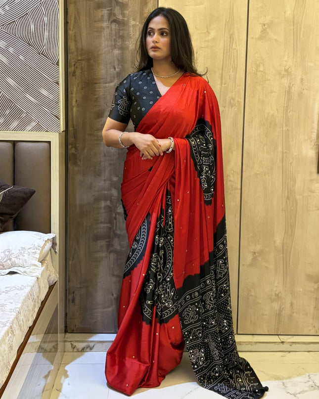 Red n Black Satin Party Wear 108 Saree (Madhu)