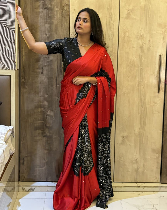Red n Black Satin Party Wear 108 Saree (Madhu)