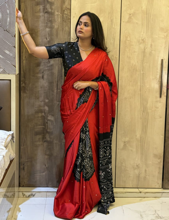 Red n Black Satin Party Wear 108 Saree (Madhu)