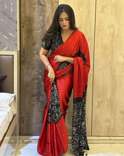 Red n Black Satin Party Wear 108 Saree (Madhu)