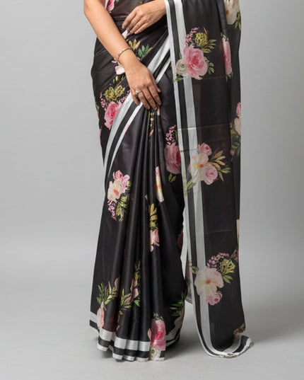 Black Digital Print Satin Saree 108