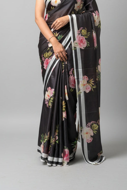 Black Digital Print Satin Saree 108