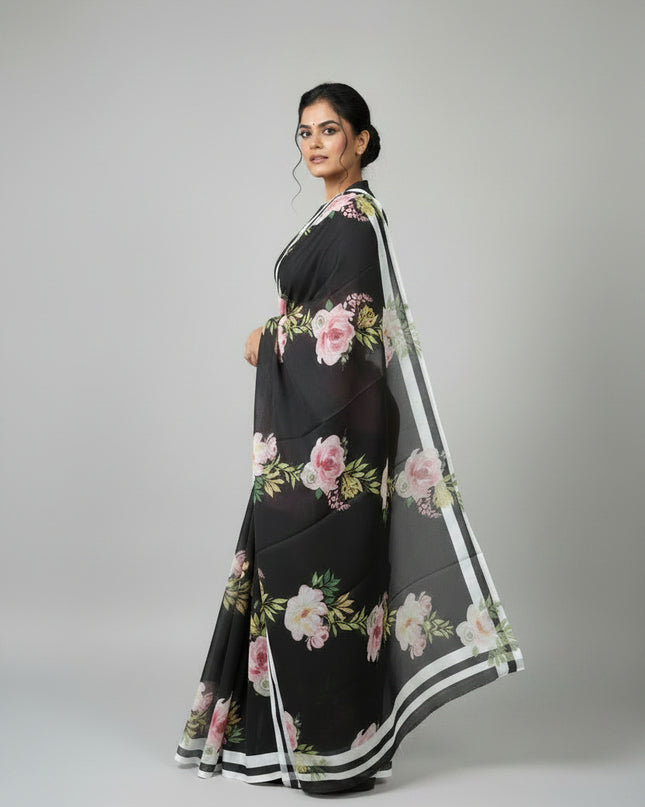 Black Digital Print Satin Saree 108