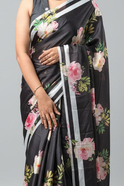 Black Digital Print Satin Saree 108