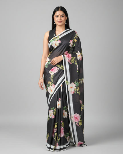 Black Digital Print Satin Saree 108