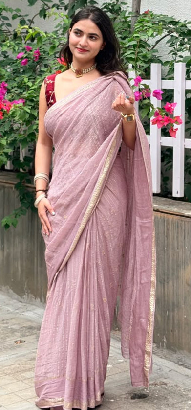 Pink Checks Semi Crepe Saree 108 (Bhumika)