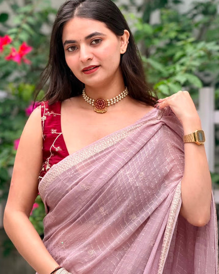 Pink Checks Semi Crepe Saree 108 (Bhumika)