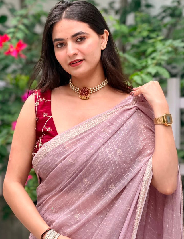 Pink Checks Semi Crepe Saree 108 (Bhumika)
