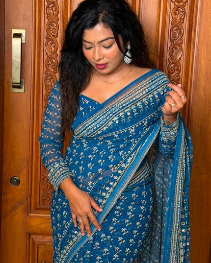 Blue Georgette Mirror Work Party Wear Saree 109 (MeghaShree)