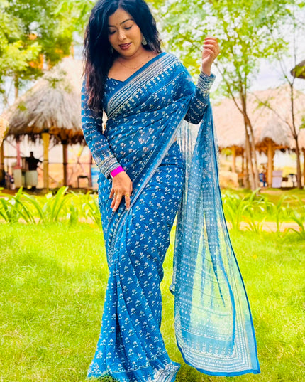 Blue Georgette Mirror Work Party Wear Saree 109 (MeghaShree)