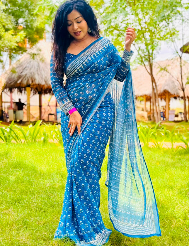 Blue Georgette Mirror Work Party Wear Saree 109 (MeghaShree)