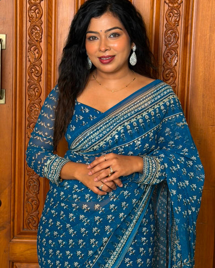 Blue Georgette Mirror Work Party Wear Saree 109 (MeghaShree)