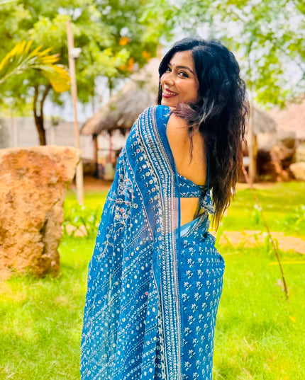 Blue Georgette Mirror Work Party Wear Saree 109 (MeghaShree)