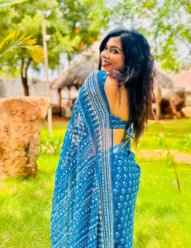 Blue Georgette Mirror Work Party Wear Saree 109 (MeghaShree)