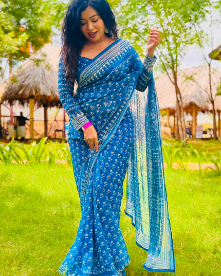 Blue Georgette Mirror Work Party Wear Saree 109 (MeghaShree)