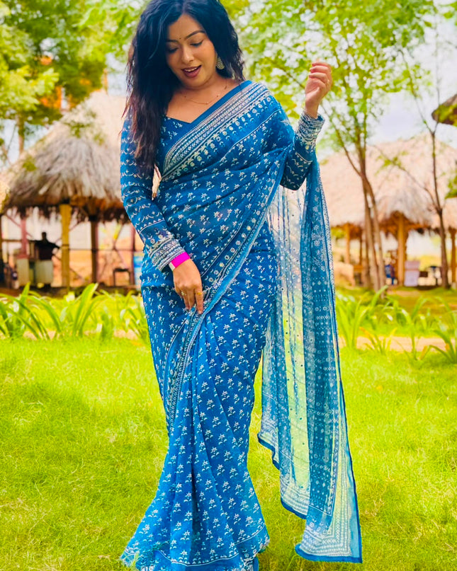 Blue Georgette Mirror Work Party Wear Saree 109 (MeghaShree)