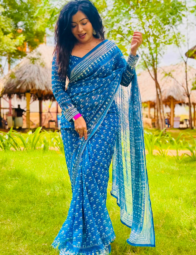 Blue Georgette Mirror Work Party Wear Saree 109 (MeghaShree)