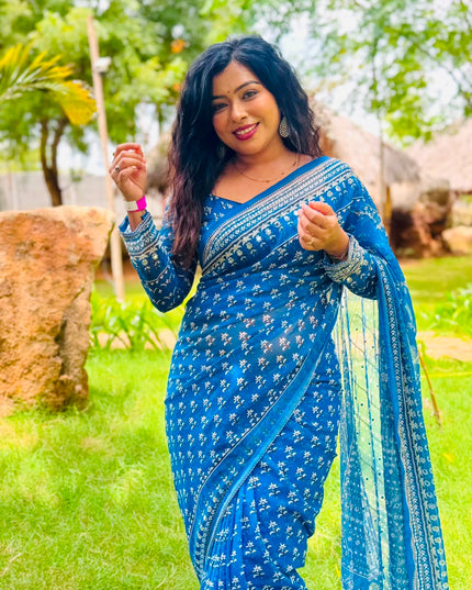 Blue Georgette Mirror Work Party Wear Saree 109 (MeghaShree)