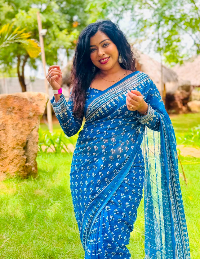 Blue Georgette Mirror Work Party Wear Saree 109 (MeghaShree)